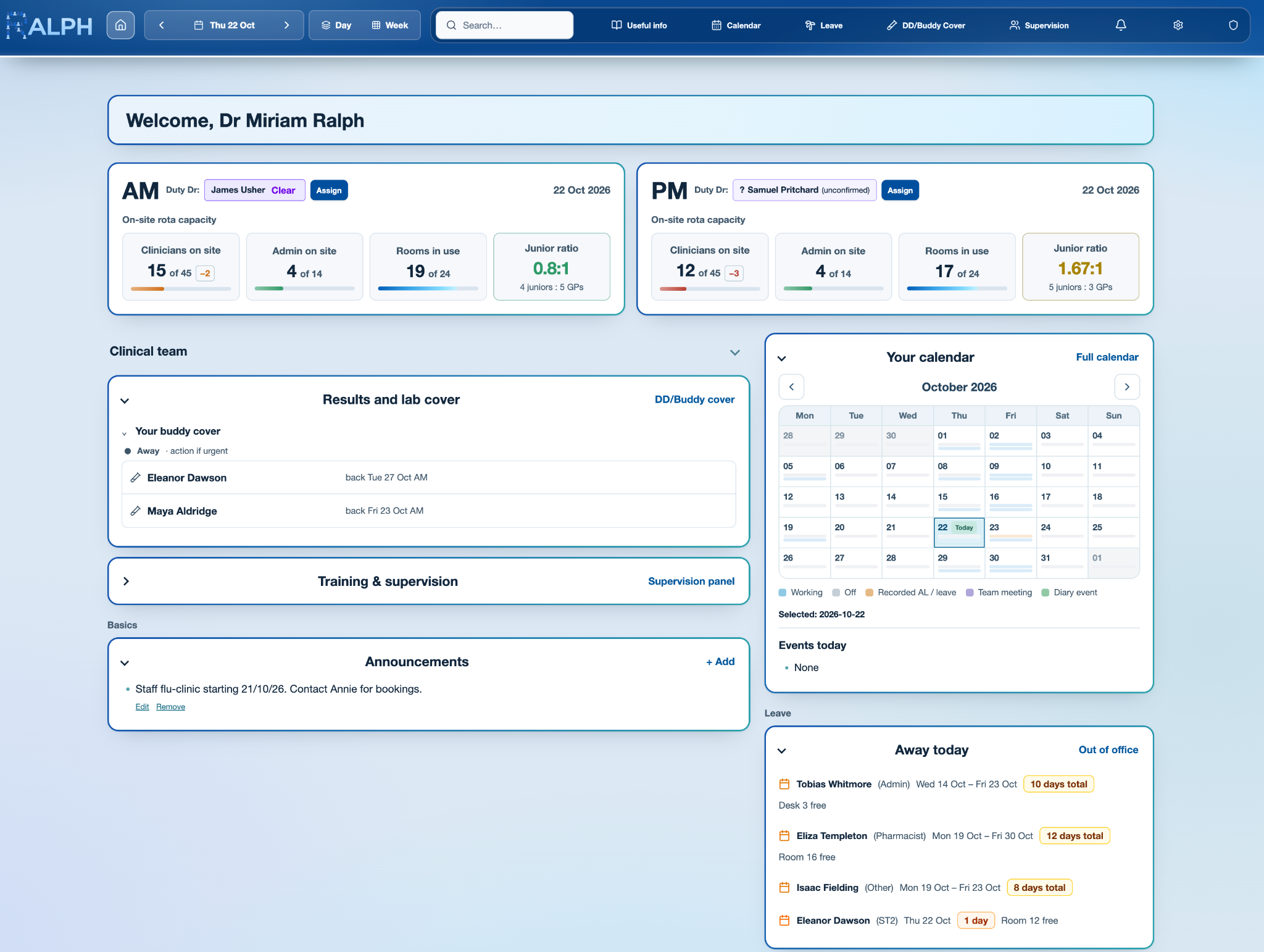 Screenshot of the RALPH dashboard showing AM and PM staffing capacity, clinical team cover, calendar and leave.
