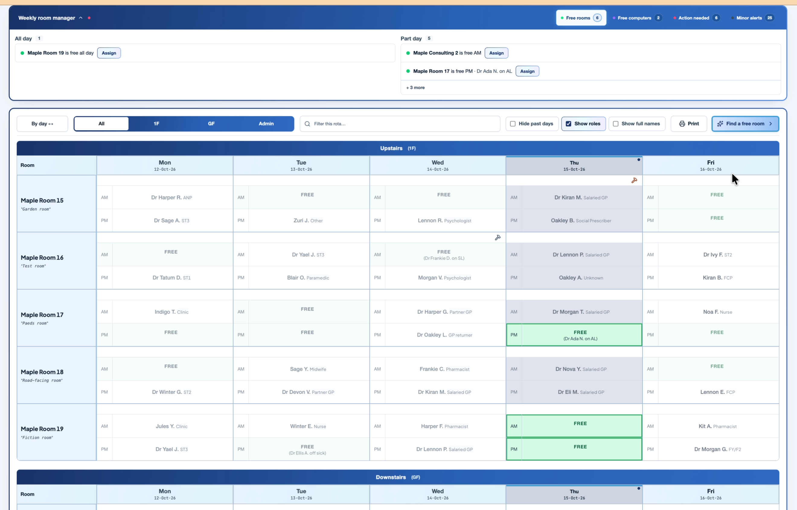 RALPH weekly room manager showing room availability and staffing across the week.